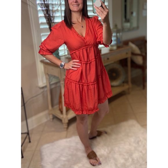 Tiered Ruffle Trim V-Neck Babydoll Rust 1821 - Picture 2 of 9